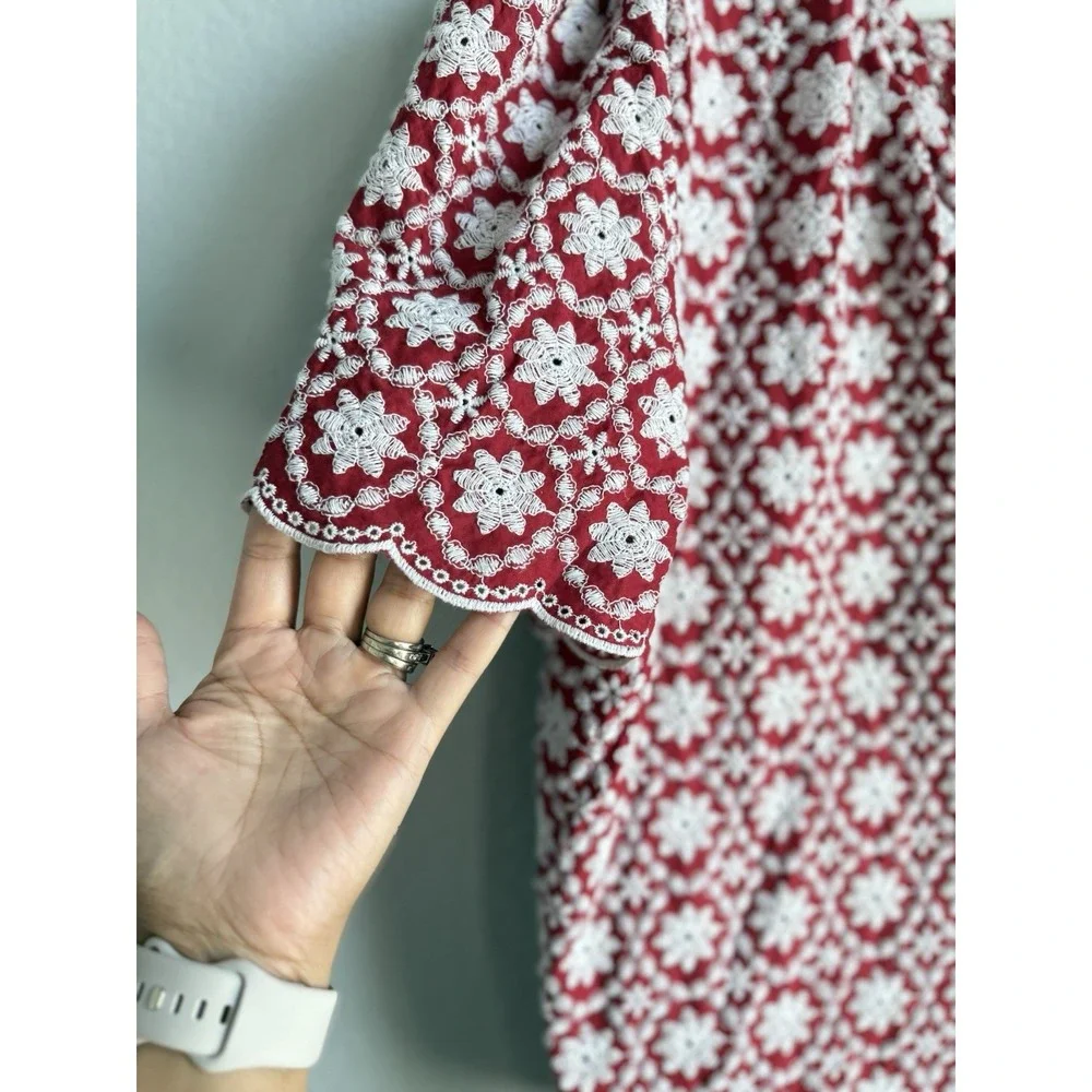 LOFT Floral Eyelet Lace Red Blouse Puff Sleeve Scallop Cottagecore Coquette XL